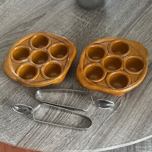 Pottery Escargot Serving Dishes with Holders.